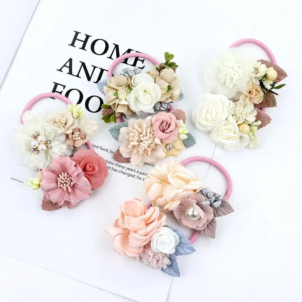 8 Pack Floral Pearl Hair Ties Rubber Bands Kids Teens Girls Accessories